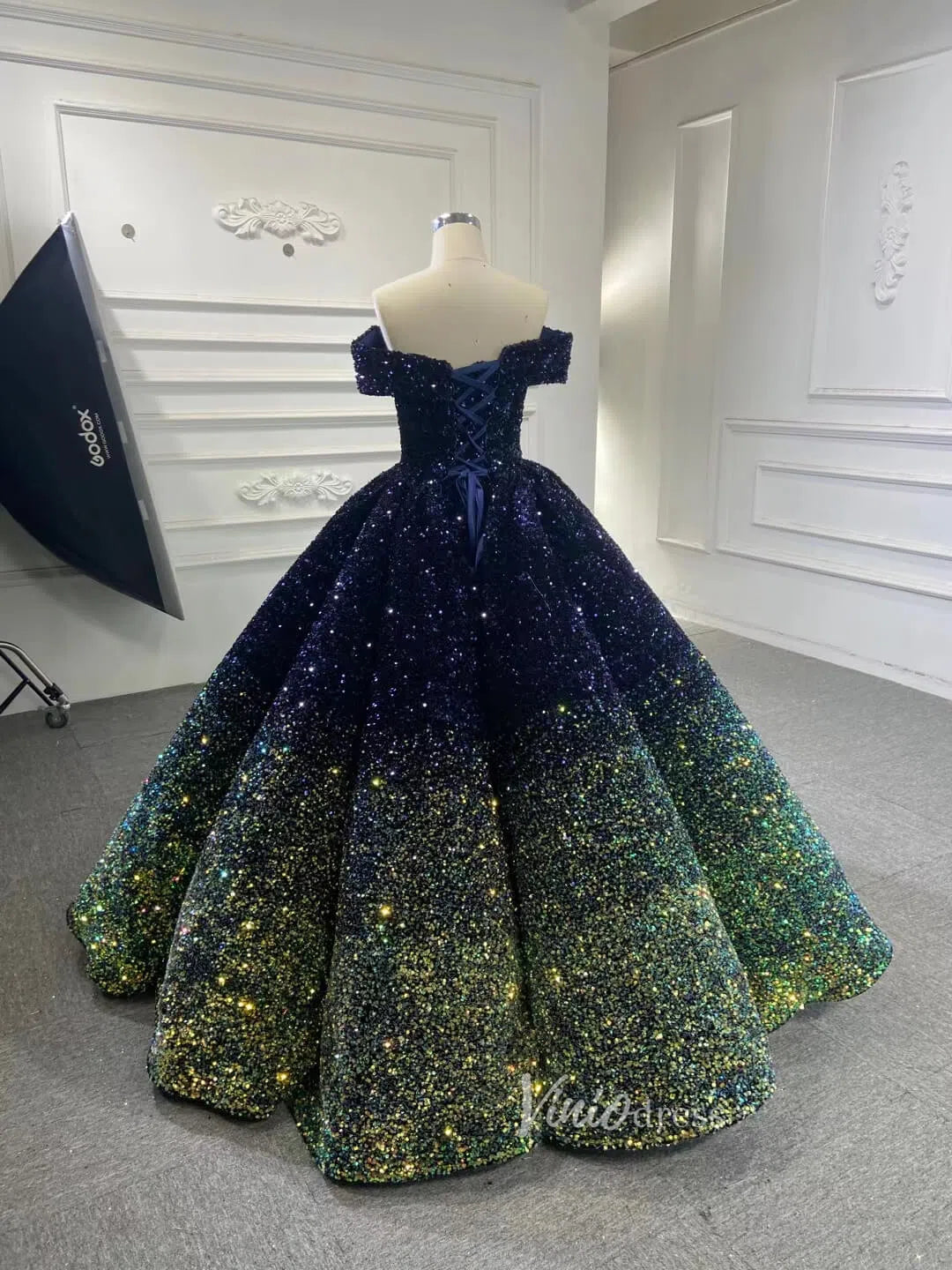 Shiny Sweet 16 Quinceañera Dress 66991 | Gradient Sequin Gown with Corset Back & Off-Shoulder-Quinceanera Dresses 2025 -Viniodress-Black Red-Custom Size-