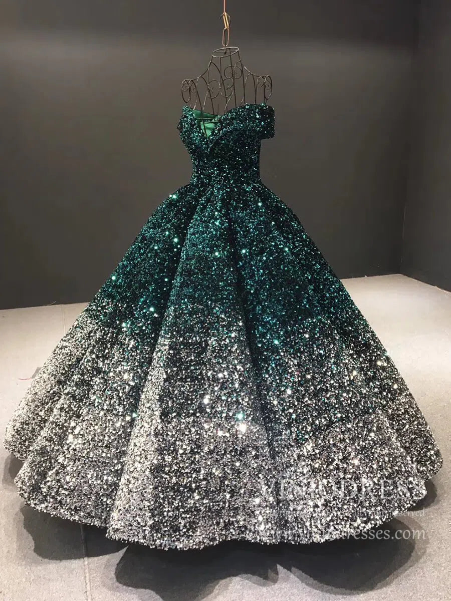 Shiny Sweet 16 Quinceañera Dress 66991 | Gradient Sequin Gown with Corset Back & Off-Shoulder-Quinceanera Dresses 2025 -Viniodress-Black Red-Custom Size-