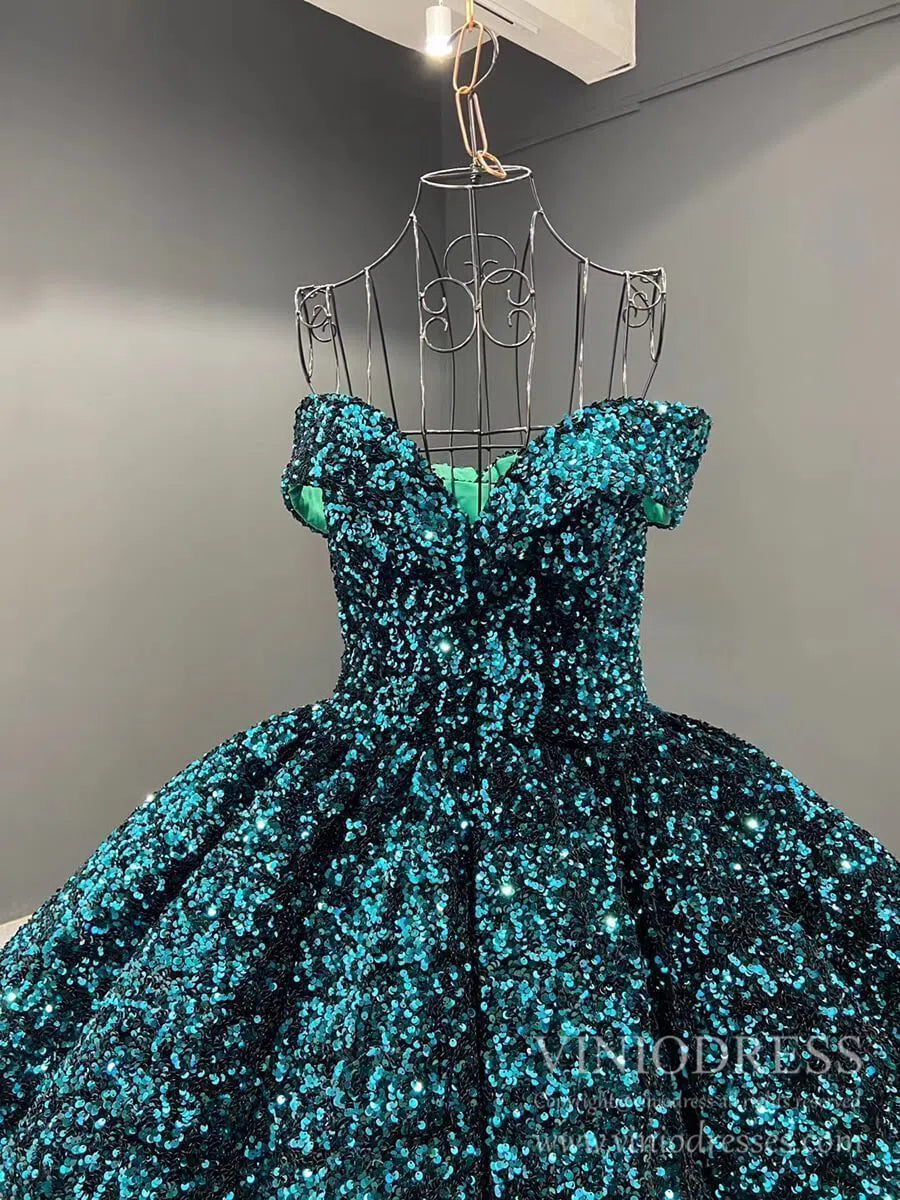 Shiny Sweet 16 Quinceañera Dress 66991 | Gradient Sequin Gown with Corset Back & Off-Shoulder-Quinceanera Dresses 2025 -Viniodress-Black Red-Custom Size-