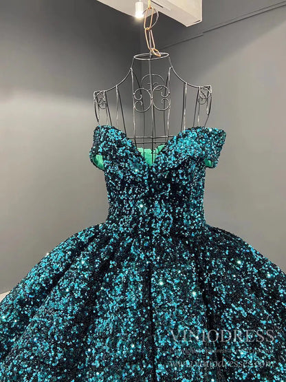 Shiny Sweet 16 Quinceañera Dress 66991 | Gradient Sequin Gown with Corset Back & Off-Shoulder-Quinceanera Dresses 2025 -Viniodress-Black Red-Custom Size-