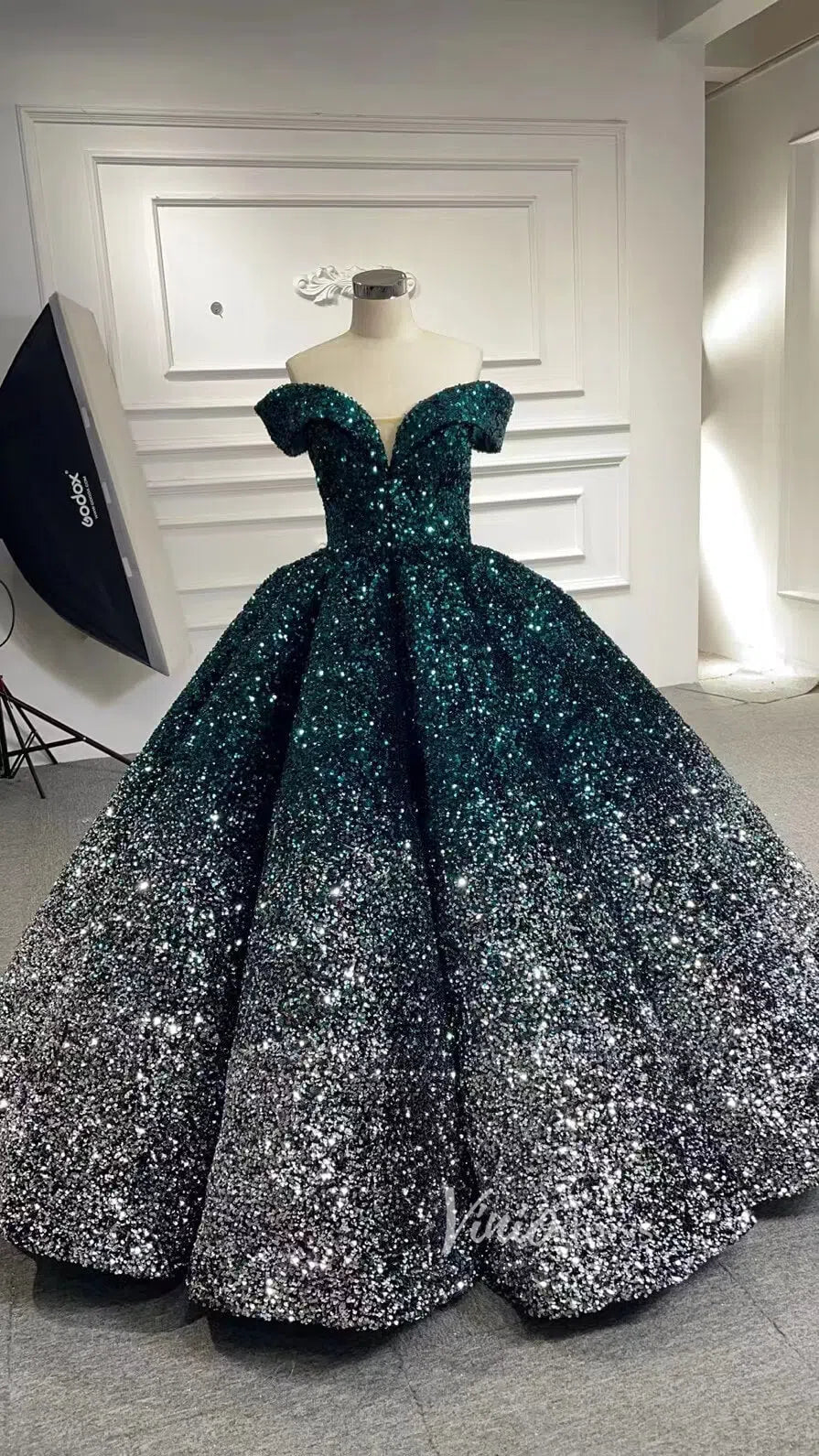 Shiny Sweet 16 Quinceañera Dress 66991 | Gradient Sequin Gown with Corset Back & Off-Shoulder-Quinceanera Dresses 2025 -Viniodress-Black Red-Custom Size-