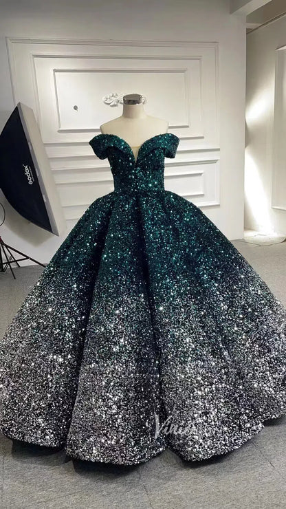 Shiny Sweet 16 Quinceañera Dress 66991 | Gradient Sequin Gown with Corset Back & Off-Shoulder-Quinceanera Dresses 2025 -Viniodress-Black Red-Custom Size-