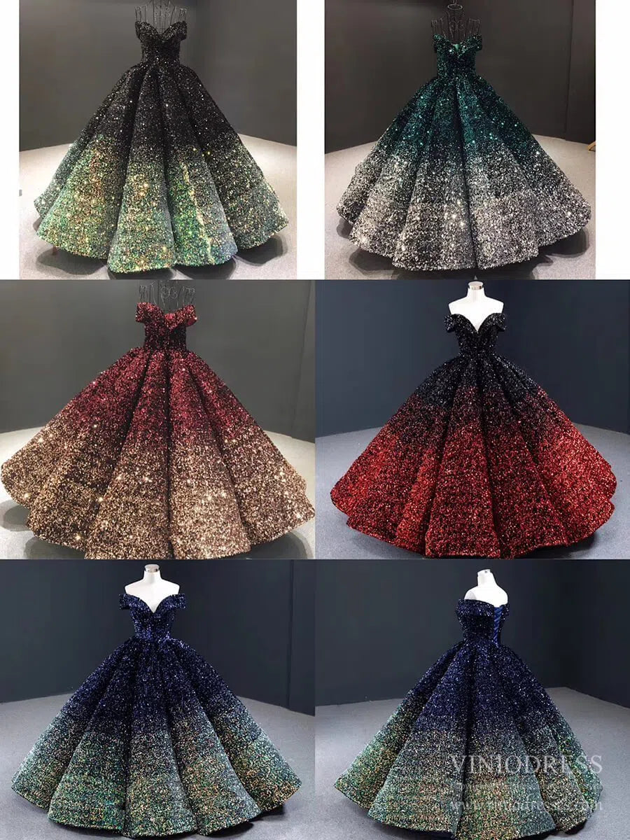 Shiny Sweet 16 Quinceañera Dress 66991 | Gradient Sequin Gown with Corset Back & Off-Shoulder-Quinceanera Dresses 2025 -Viniodress-Black Red-Custom Size-