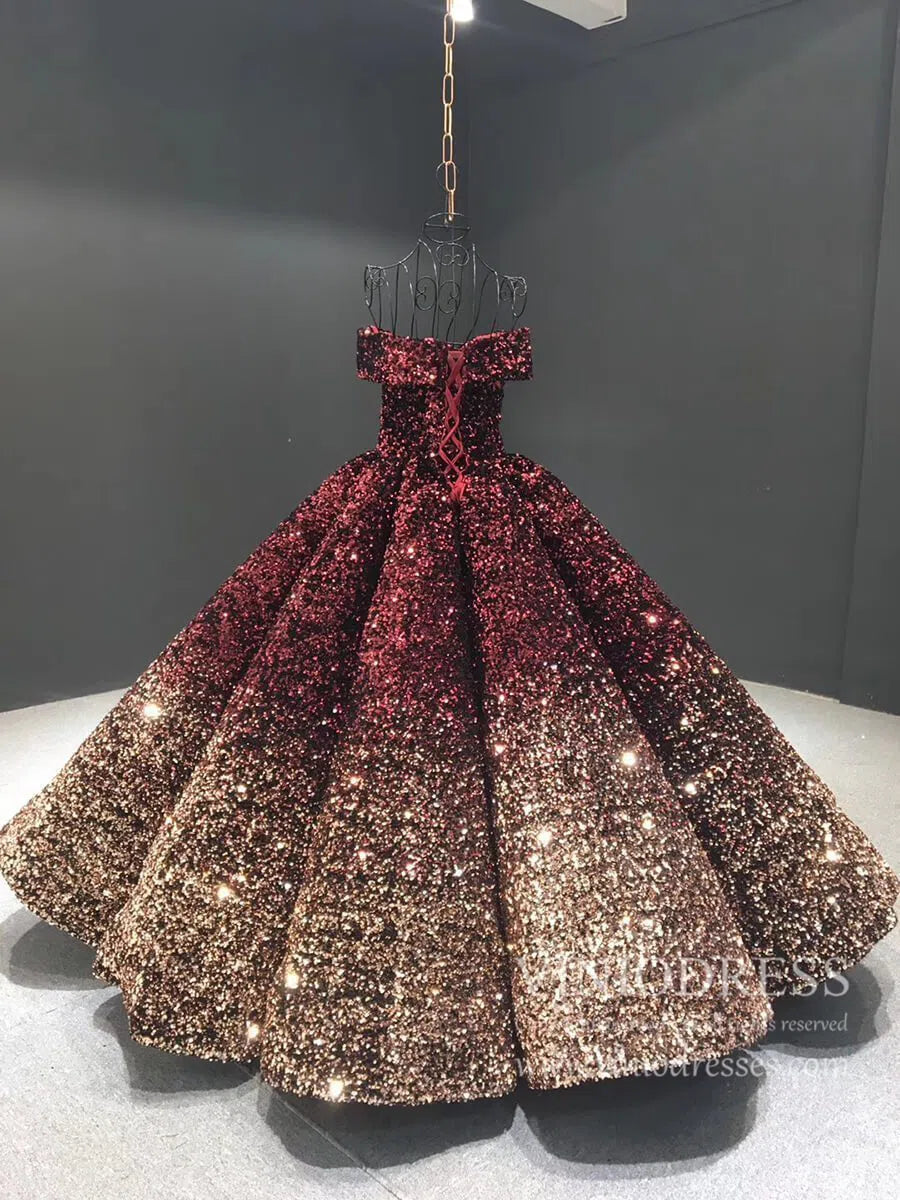 Shiny Sweet 16 Quinceañera Dress 66991 | Gradient Sequin Gown with Corset Back & Off-Shoulder-Quinceanera Dresses 2025 -Viniodress-Black Red-Custom Size-