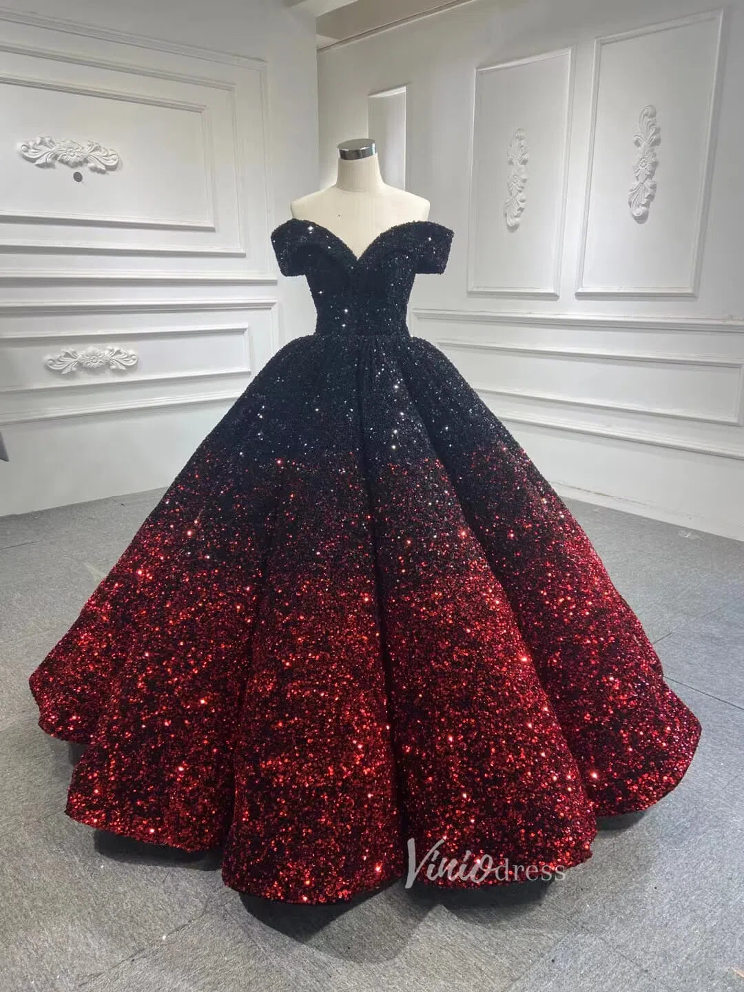 Shiny Sweet 16 Quinceañera Dress 66991 | Gradient Sequin Gown with Corset Back & Off-Shoulder-Quinceanera Dresses 2025 -Viniodress-Black Red-Custom Size-