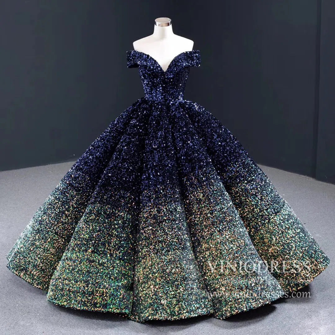 Shiny Sweet 16 Quinceañera Dress 66991 | Gradient Sequin Gown with Corset Back & Off-Shoulder-Quinceanera Dresses 2025 -Viniodress-Blue Gold-Custom Size-