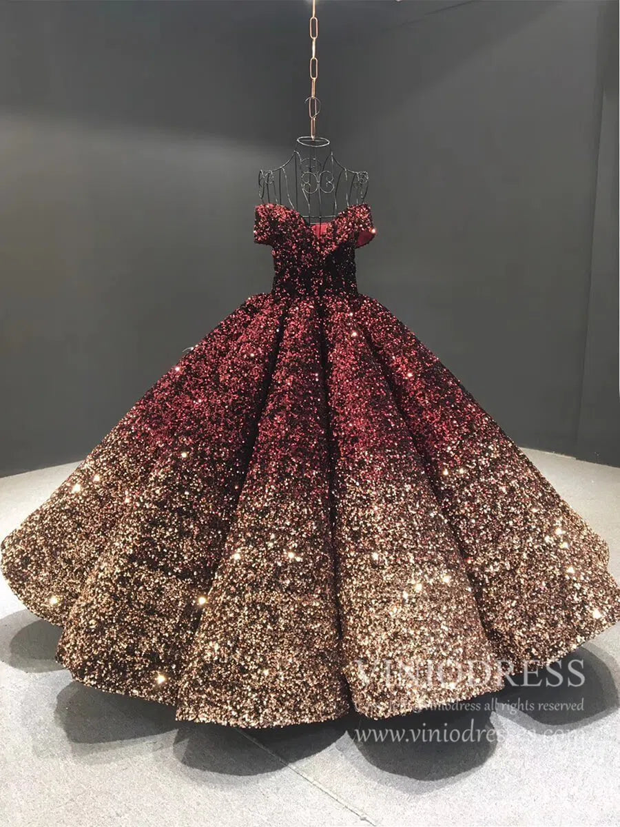 Shiny Sweet 16 Quinceañera Dress 66991 | Gradient Sequin Gown with Corset Back & Off-Shoulder-Quinceanera Dresses 2025 -Viniodress-Burgundy Gold-Custom Size-