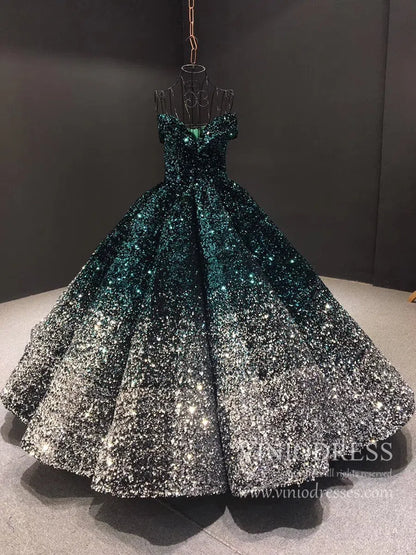 Shiny Sweet 16 Quinceañera Dress 66991 | Gradient Sequin Gown with Corset Back & Off-Shoulder-Quinceanera Dresses 2025 -Viniodress-Green Silver-Custom Size-