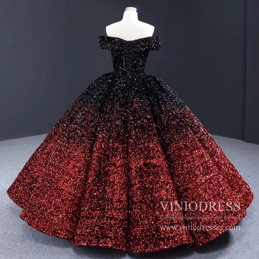 Quinceanera Dresses 2025 Shiny Sweet 16 Quinceañera Dress 66991 | Gradient Sequin Gown with Corset Back & Off-Shoulder-plus size wedding dresses Viniodress-Black Red-Custom Size-