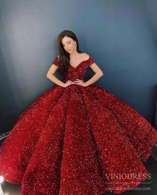 Shiny Sweet 16 Sequin Gowns Off the Shoulder Debutante Ball & Quinceanera Dresses 66991 viniodress-Quinceanera Dresses 2025 -Viniodress-Burgundy-Custom Size-