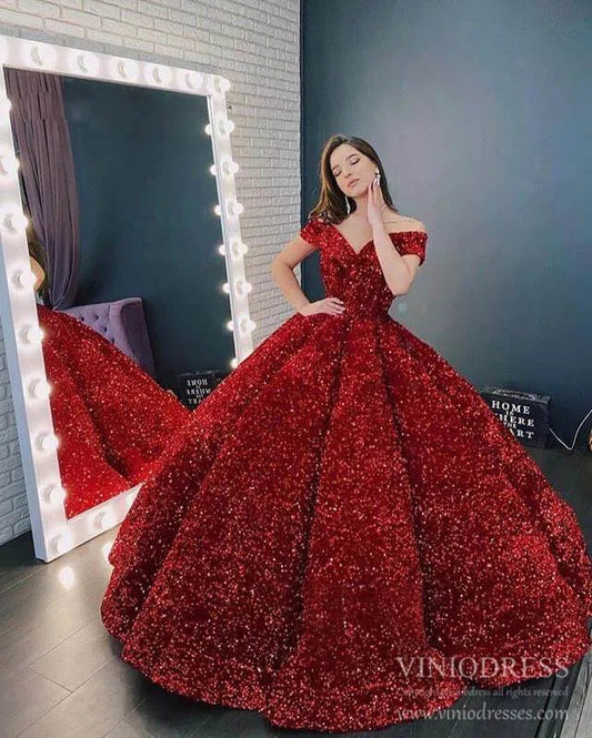 Shiny Sweet 16 Sequin Gowns Off the Shoulder Debutante Ball & Quinceanera Dresses 66991 viniodress-Quinceanera Dresses 2025 -Viniodress-Burgundy-Custom Size-