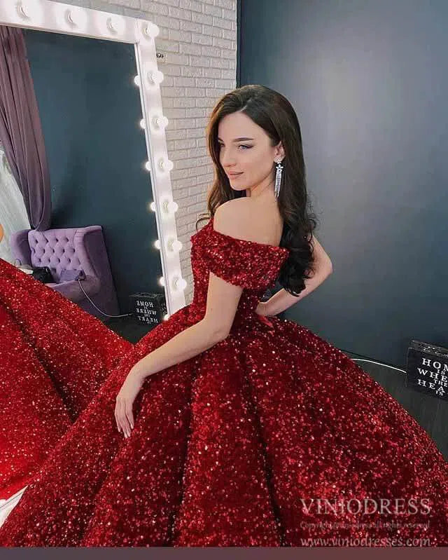 Shiny Sweet 16 Sequin Gowns Off the Shoulder Debutante Ball & Quinceanera Dresses 66991 viniodress-Quinceanera Dresses 2025 -Viniodress-Burgundy-Custom Size-