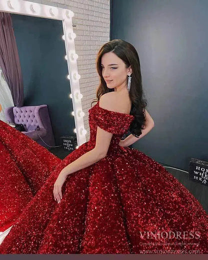 Shiny Sweet 16 Sequin Gowns Off the Shoulder Debutante Ball & Quinceanera Dresses 66991 viniodress-Quinceanera Dresses 2025 -Viniodress-Burgundy-Custom Size-