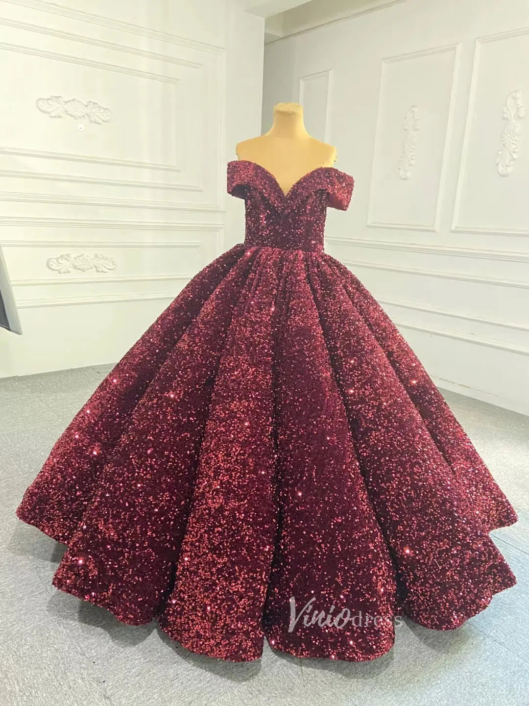 Shiny Sweet 16 Sequin Gowns Off the Shoulder Debutante Ball & Quinceanera Dresses 66991 viniodress-Quinceanera Dresses 2025 -Viniodress-Burgundy-Custom Size-