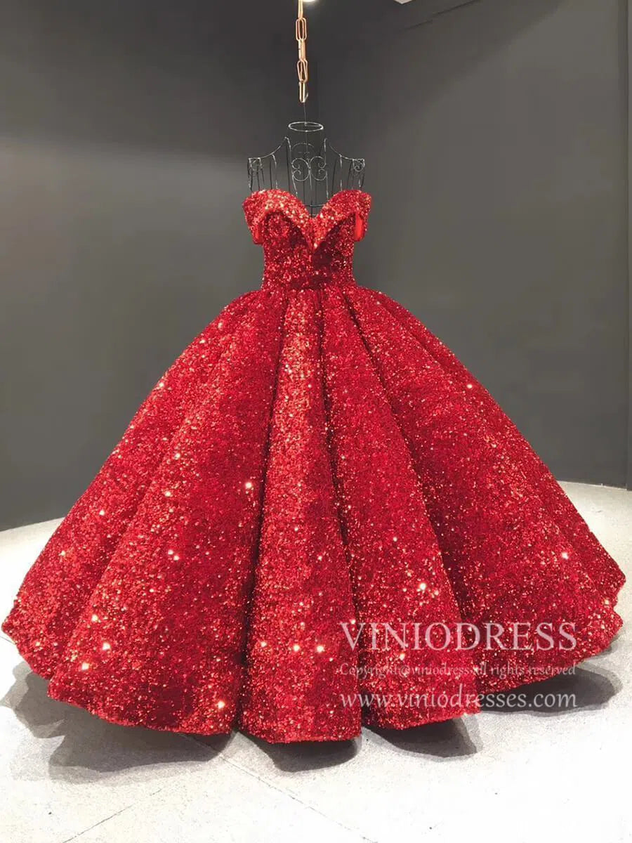 Shiny Sweet 16 Sequin Gowns Off the Shoulder Debutante Ball & Quinceanera Dresses 66991 viniodress-Quinceanera Dresses 2025 -Viniodress-Burgundy-Custom Size-