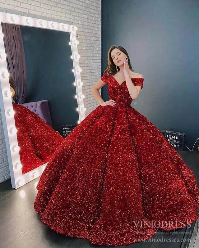 Shiny Sweet 16 Sequin Gowns Off the Shoulder Debutante Ball & Quinceanera Dresses 66991 viniodress-Quinceanera Dresses 2025 -Viniodress-Burgundy-Custom Size-