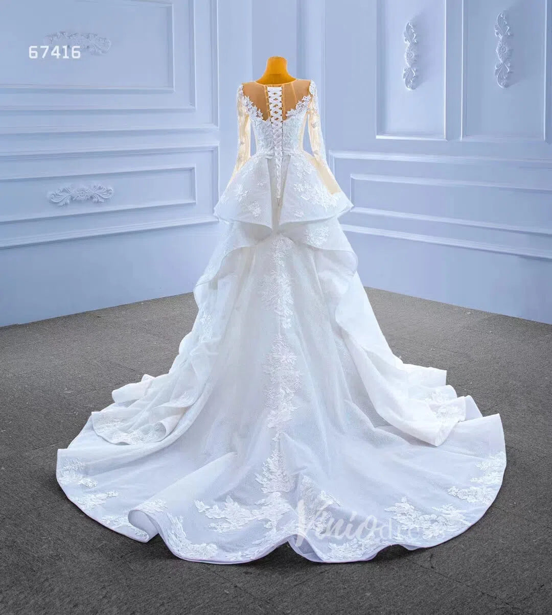 Shiny Vintage Lace Appliqued Wedding Dress with Overskirt 67416-wedding dresses 2025 -Viniodress-Ivory-Custom Size-