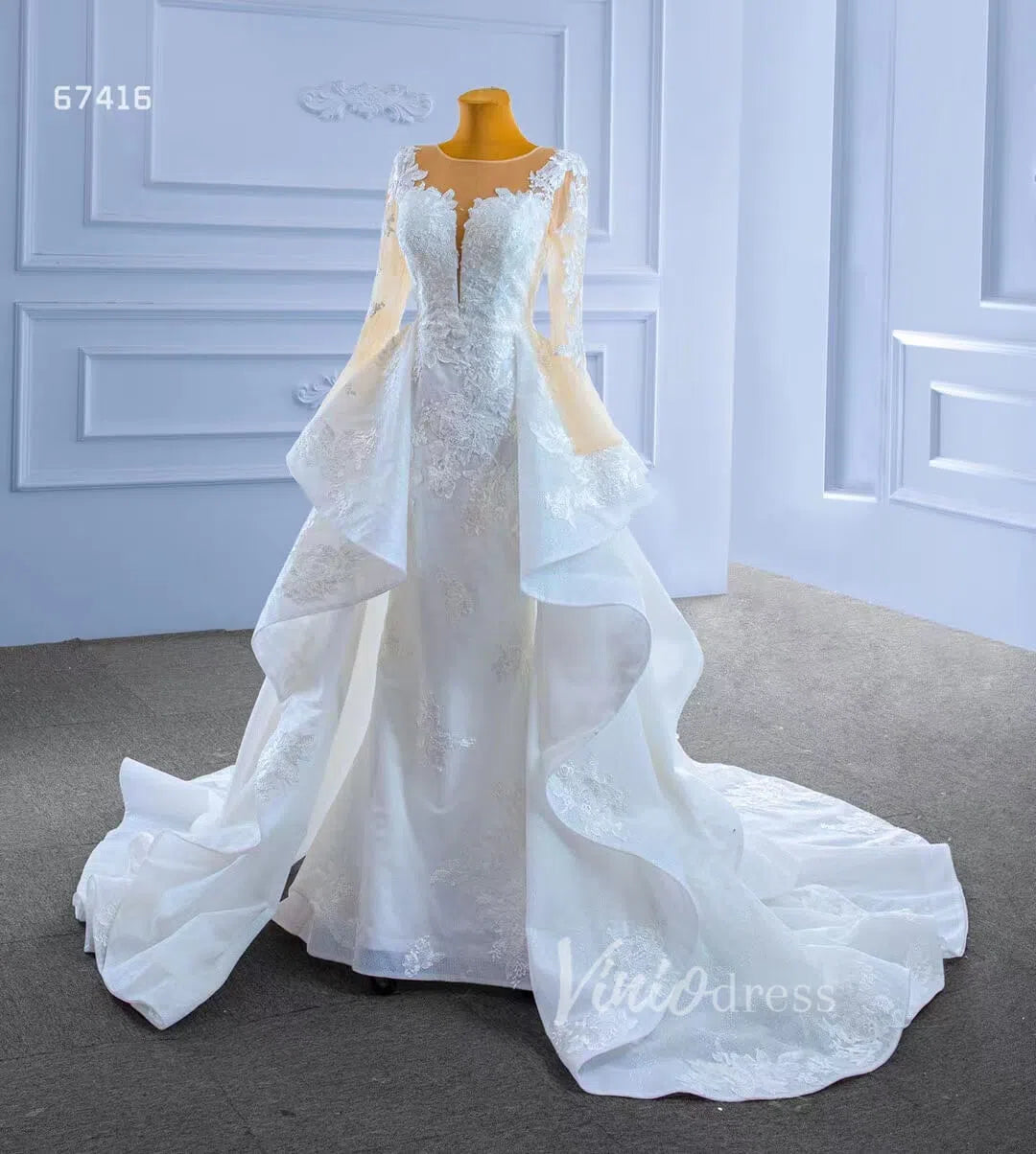 Shiny Vintage Lace Appliqued Wedding Dress with Overskirt 67416-wedding dresses 2025 -Viniodress-Ivory-Custom Size-