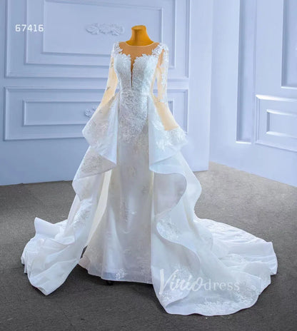 Shiny Vintage Lace Appliqued Wedding Dress with Overskirt 67416-wedding dresses 2025 -Viniodress-Ivory-Custom Size-
