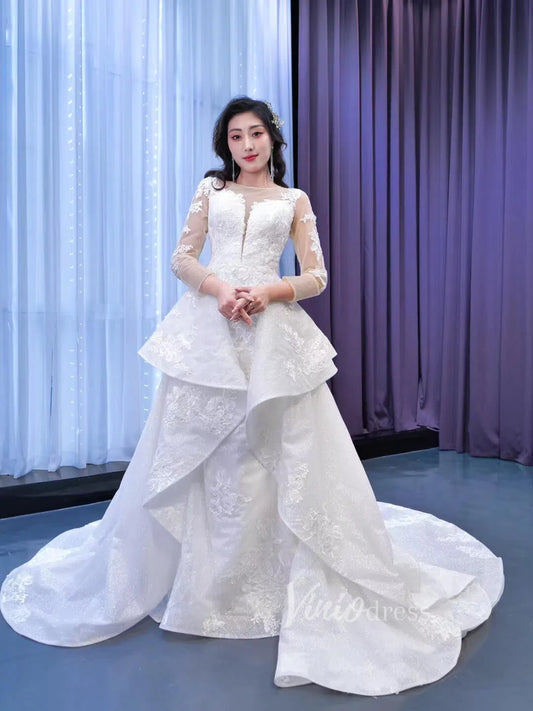 Shiny Vintage Lace Appliqued Wedding Dress with Overskirt 67416-wedding dresses 2025 -Viniodress-Ivory-Custom Size-