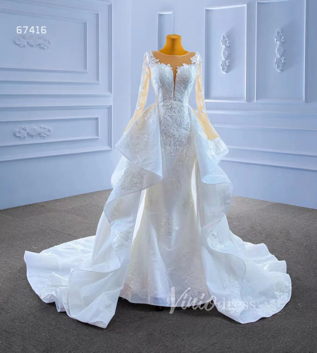Shiny Vintage Lace Appliqued Wedding Dress with Overskirt 67416-wedding dresses 2025 -Viniodress-Ivory-Custom Size-