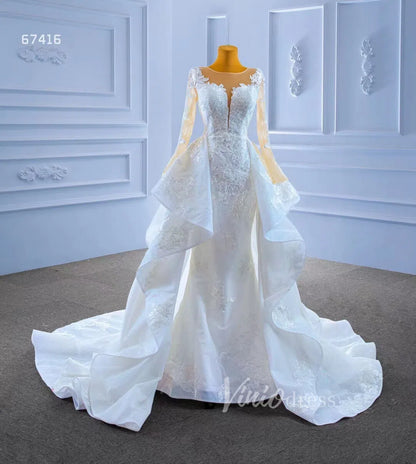 Shiny Vintage Lace Appliqued Wedding Dress with Overskirt 67416-wedding dresses 2025 -Viniodress-Ivory-Custom Size-