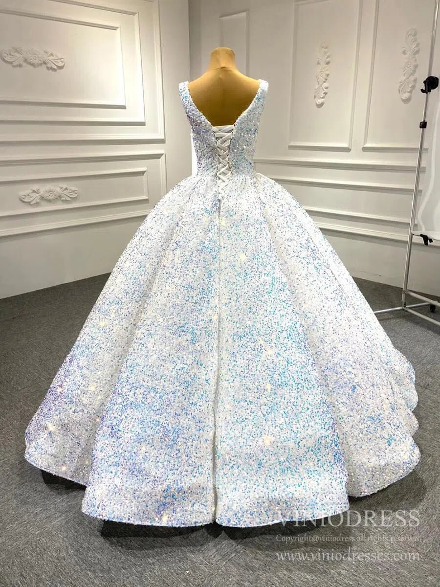 Shiny White Wedding Gown 66991 V-Neck-prom dresses 2025 -Viniodress-White-Custom Size-