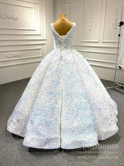Shiny White Wedding Gown 66991 V-Neck-prom dresses 2025 -Viniodress-White-Custom Size-