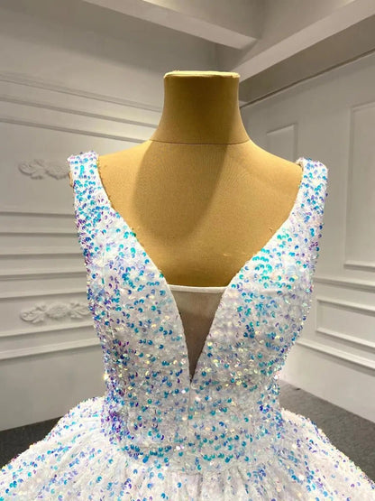 Shiny White Wedding Gown 66991 V-Neck-prom dresses 2025 -Viniodress-White-Custom Size-