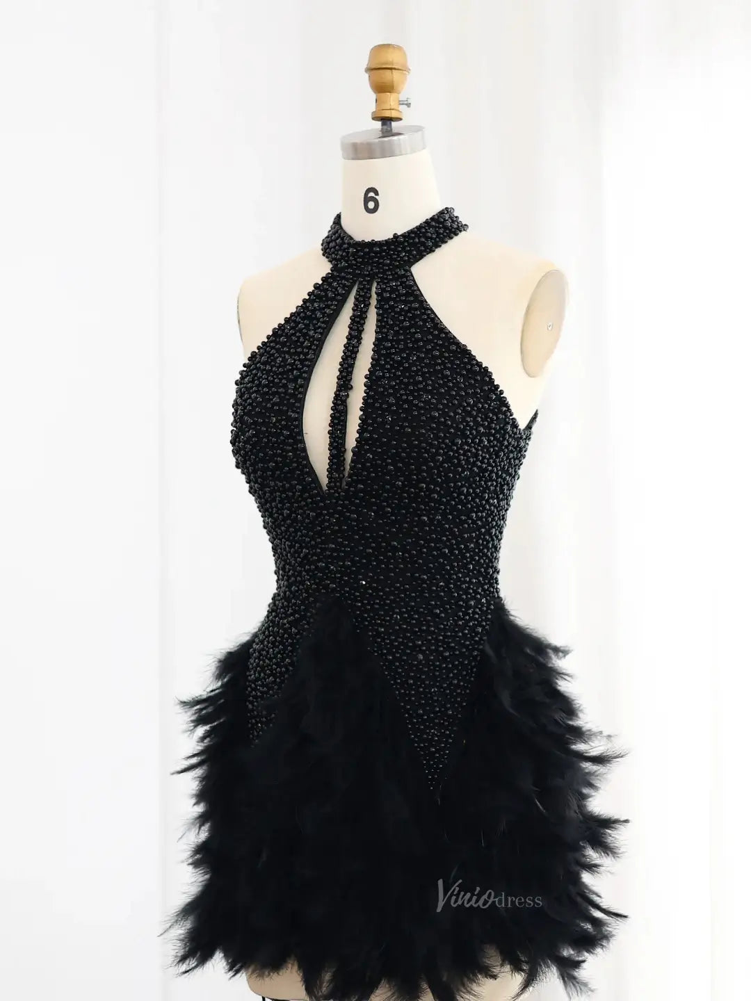 prom dresses 2025-to impress Short Feather Prom Dresses Halter Pearl Black Cocktail Homecoming Dresses BD019-plus size wedding dresses Viniodress-Black-US 2-