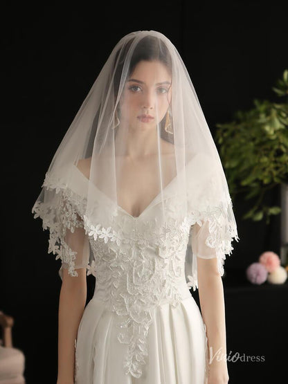 Short Lace Bridal Blusher Veils Viniodress AC1300-Bridal Veil 2025 -Viniodress-Ivory-