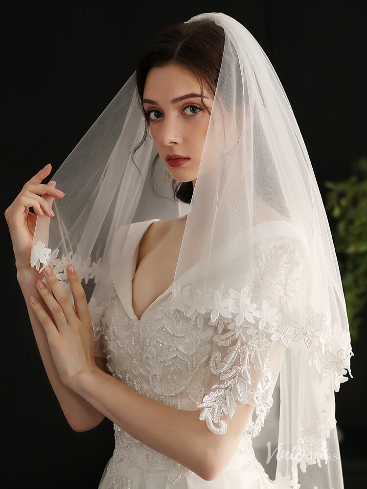 Short Lace Bridal Blusher Veils Viniodress AC1300-Bridal Veil 2025 -Viniodress-Ivory-