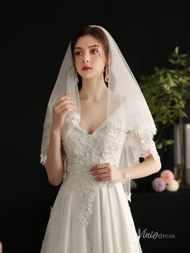 Short Lace Bridal Blusher Veils Viniodress AC1300-Bridal Veil 2025 -Viniodress-Ivory-