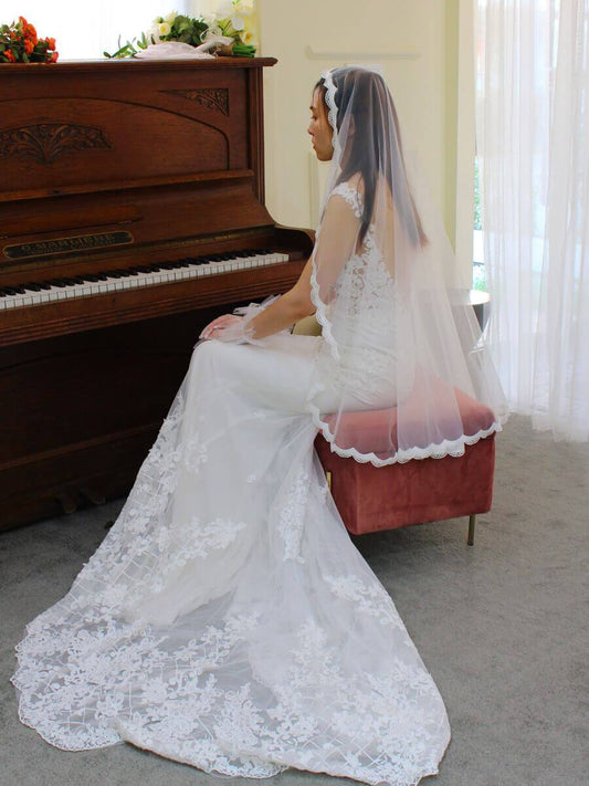 Short Lace Mantilla Veils V682-Bridal Veil 2025 -Viniodress-Ivory-