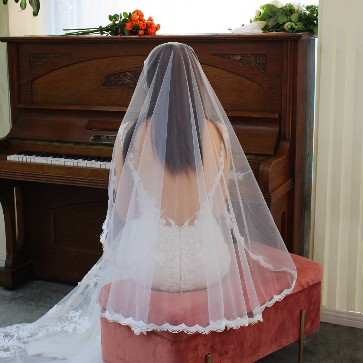 Short Lace Mantilla Veils V682-Bridal Veil 2025 -Viniodress-Ivory-