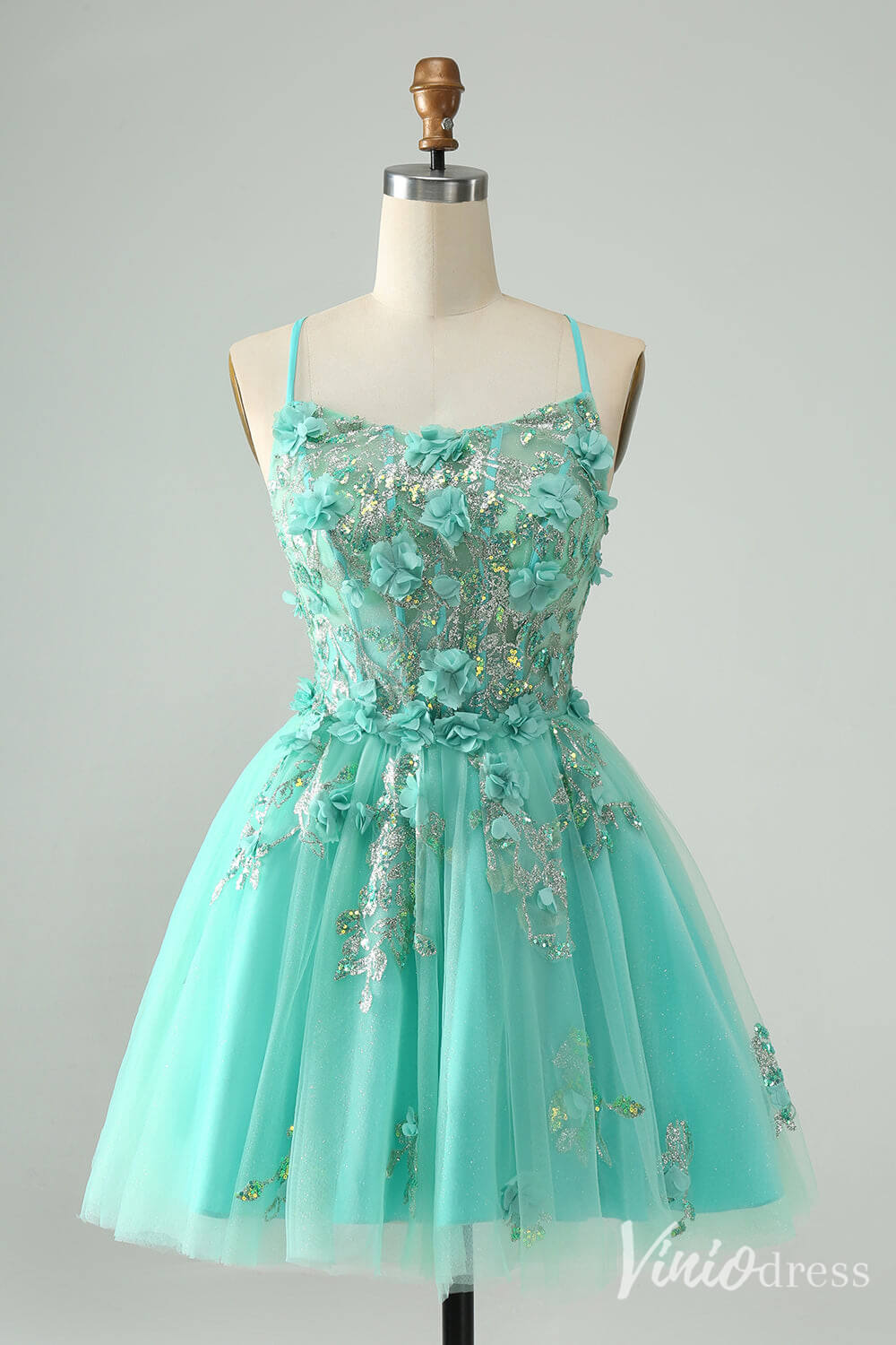 Short Prom Dresses 2025 Turquiose 3D Flower Homecoming Dresses Spaghetti Strap Back to School Dress S24021-prom dresses-Viniodress-Turquoise-Custom Size-Viniodress