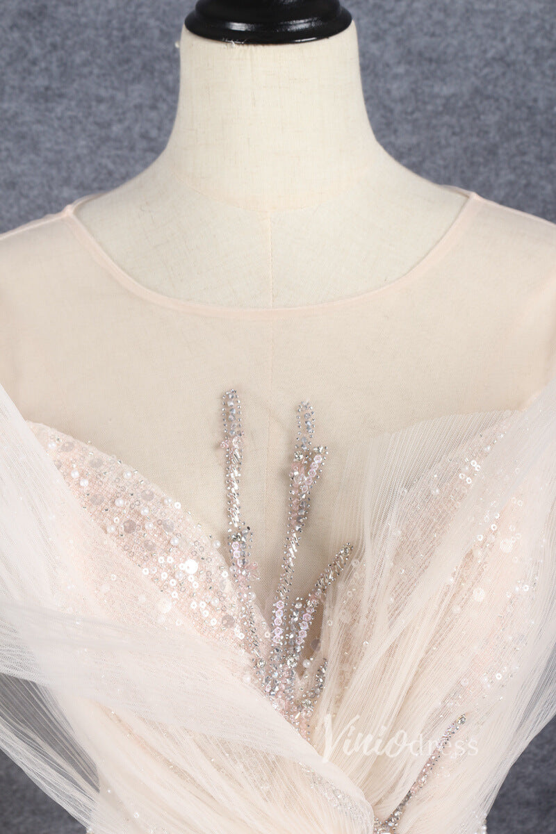 Prom Dress 2025 Short Puff Sleeve Beaded Champagne Prom Dresses with Fan FD2613-unique Prom Dresses-Champagne-US2-Viniodress