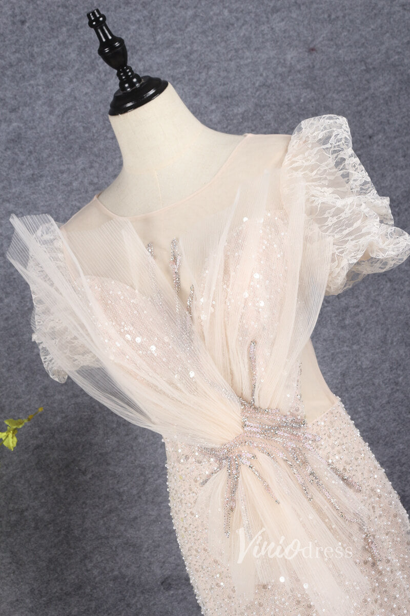 Prom Dress 2025 Short Puff Sleeve Beaded Champagne Prom Dresses with Fan FD2613-unique Prom Dresses-Champagne-US2-Viniodress