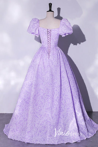 Short Puff Sleeve Lilac Jacquard Prom Dresses Square Neck Ball Gowns FD2462-prom dresses 2025 -Viniodress-Lilac-Custom Size-