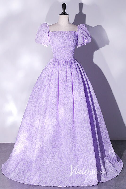 Short Puff Sleeve Lilac Jacquard Prom Dresses Square Neck Ball Gowns FD2462-prom dresses 2025 -Viniodress-Lilac-Custom Size-
