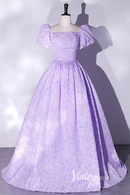 Short Puff Sleeve Lilac Jacquard Prom Dresses Square Neck Ball Gowns FD2462-prom dresses 2025 -Viniodress-Lilac-Custom Size-