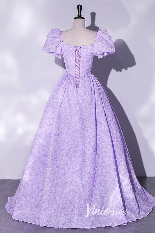 Short Puff Sleeve Lilac Jacquard Prom Dresses Square Neck Ball Gowns FD2462 - Viniodressprom dressesLilacCustom Size - Formal Dresses - Ball Gowns