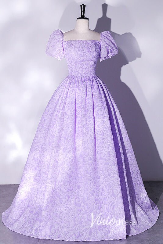 Short Puff Sleeve Lilac Jacquard Prom Dresses Square Neck Ball Gowns FD2462 - Viniodressprom dressesLilacCustom Size - Formal Dresses - Ball Gowns