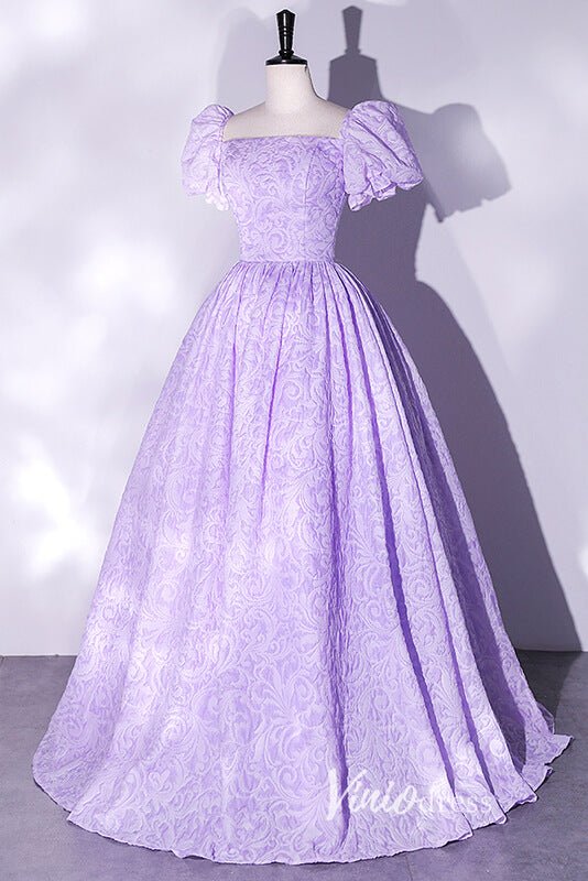 Short Puff Sleeve Lilac Jacquard Prom Dresses Square Neck Ball Gowns FD2462 - Viniodressprom dressesLilacCustom Size - Formal Dresses - Ball Gowns