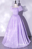 Prom Dress 2025 Short Puff Sleeve Lilac Jacquard Prom Dresses Square Neck Ball Gowns FD2462-unique prom dresses-Lilac-Custom Size-Viniodress