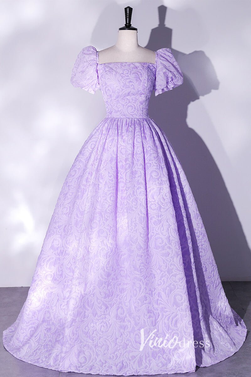 Short Puff Sleeve Lilac Jacquard Prom Dresses Square Neck Ball Gowns FD2462 - Viniodressprom dressesLilacCustom Size - Formal Dresses - Ball Gowns