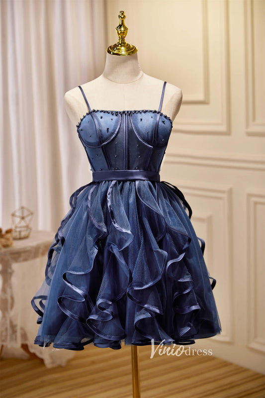 Short Ruffle Party Dress Blue Homecoming Dresses SD1403-Homecoming Dresses 2025 -Viniodress-Blue-Custom Size-