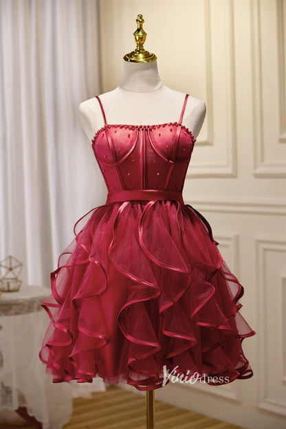 Short Ruffle Party Dress Blue Homecoming Dresses SD1403-Homecoming Dresses 2025 -Viniodress-Burgundy-Custom Size-