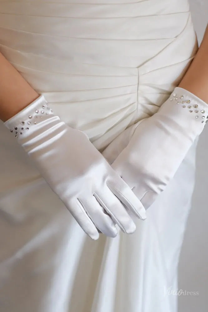 Short Satin Bridal Gloves with Crystal Cuff WG156-Bridal Gloves 2026-Viniodress-Ivory-
