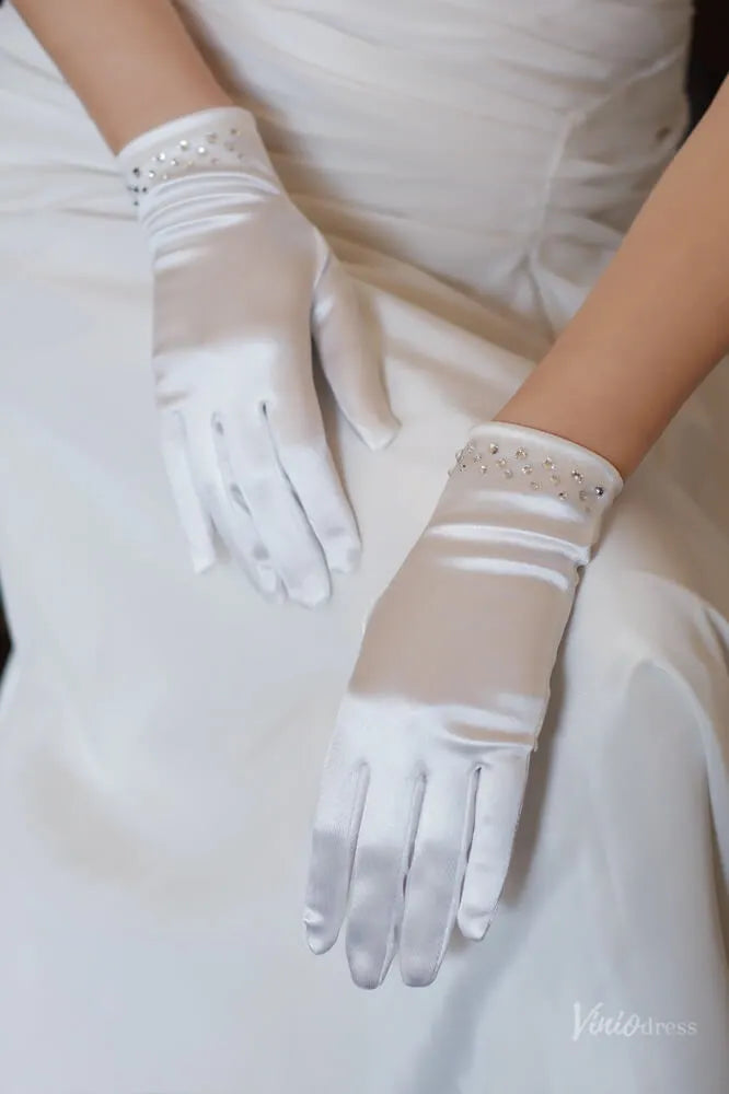 Short Satin Bridal Gloves with Crystal Cuff WG156-Bridal Gloves 2026-Viniodress-Ivory-